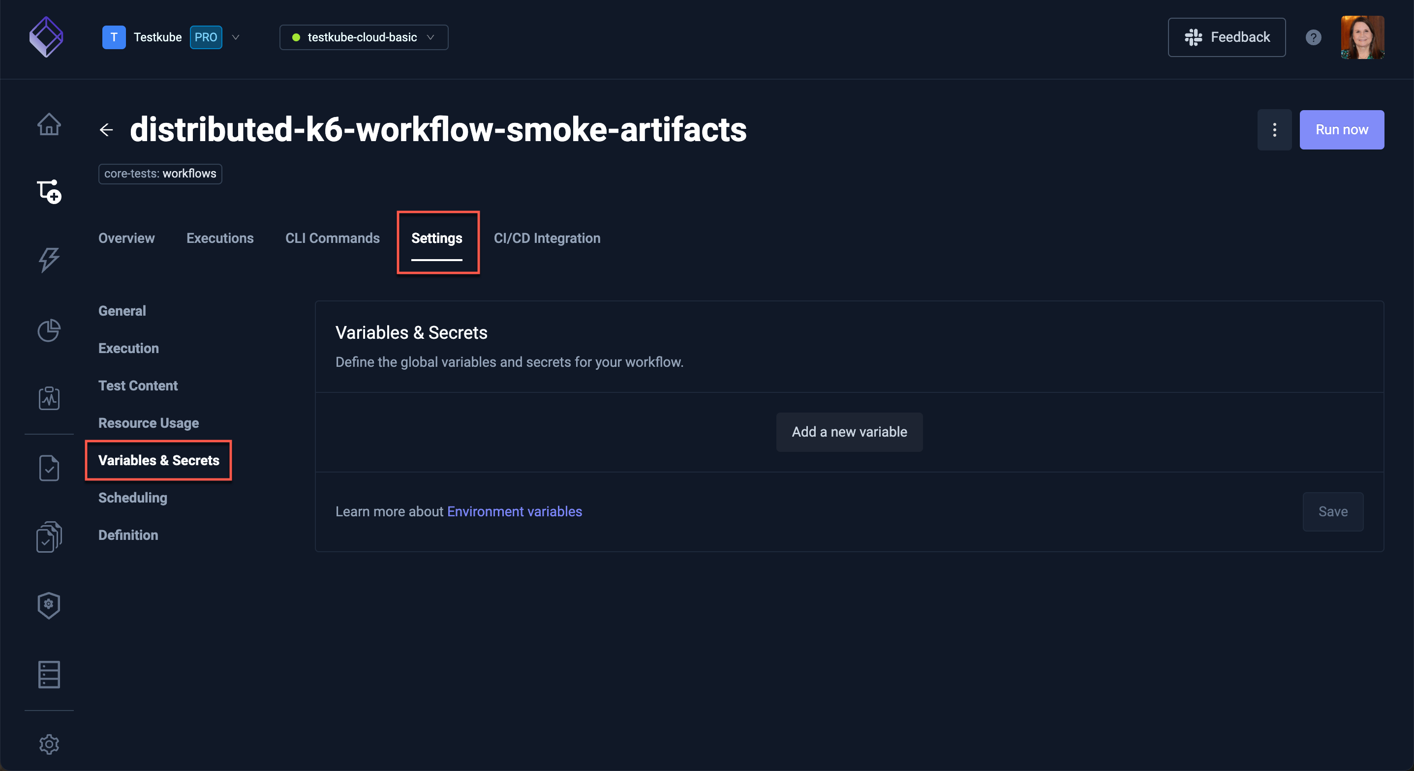 Variables & Secrets Settings